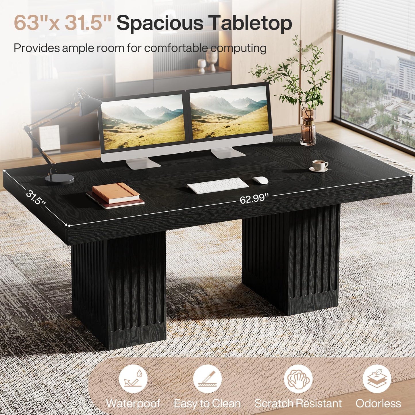 Tribesigns 63 Inch Executive Desk, Modern Office Computer Desk with Double Pedestal, Simple Study Writing Table Business Furniture for Home Office, Black