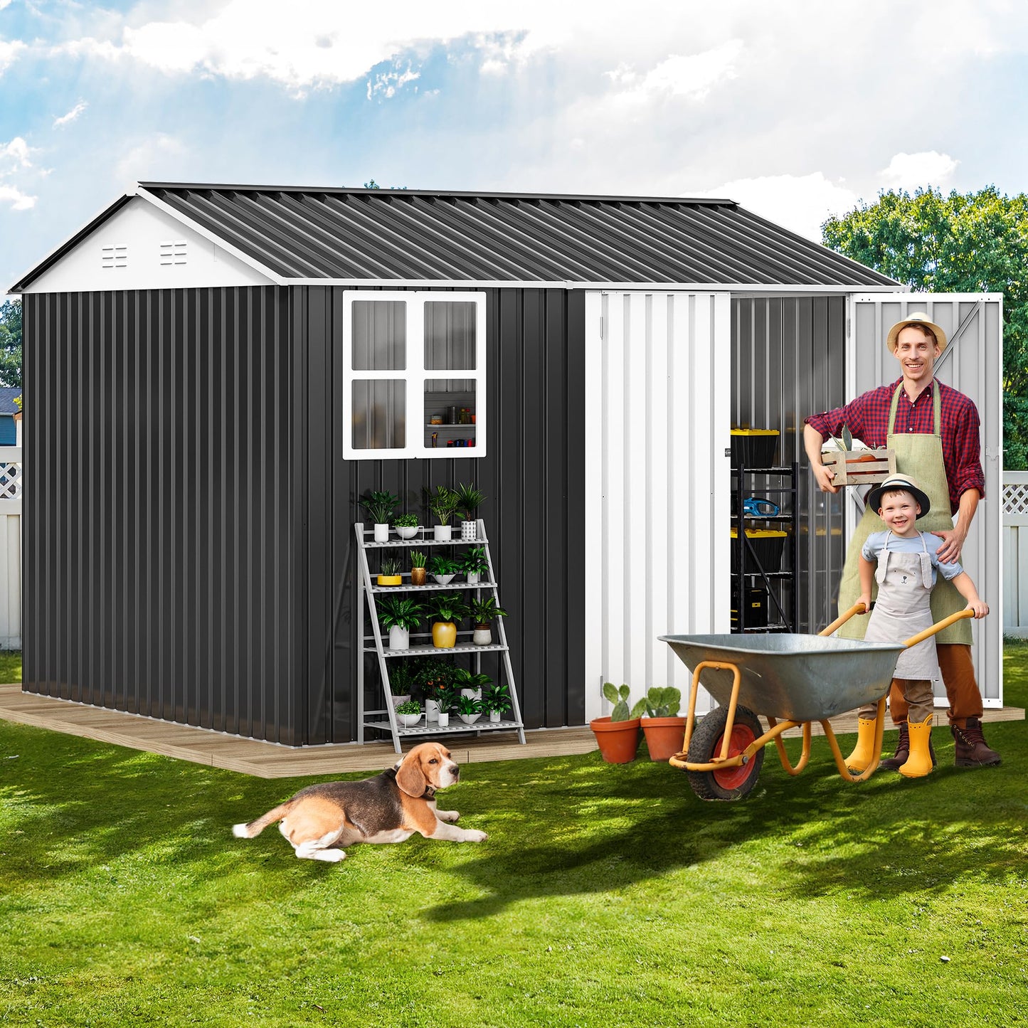DWVO 10x8ft Metal Outdoor Storage Shed with Window, Lockable Tool Storage Sheds, Oversized Steel Garden Sheds with Sloped Roof for Backyard, Patio, Garage, Lawn (Gray + White)