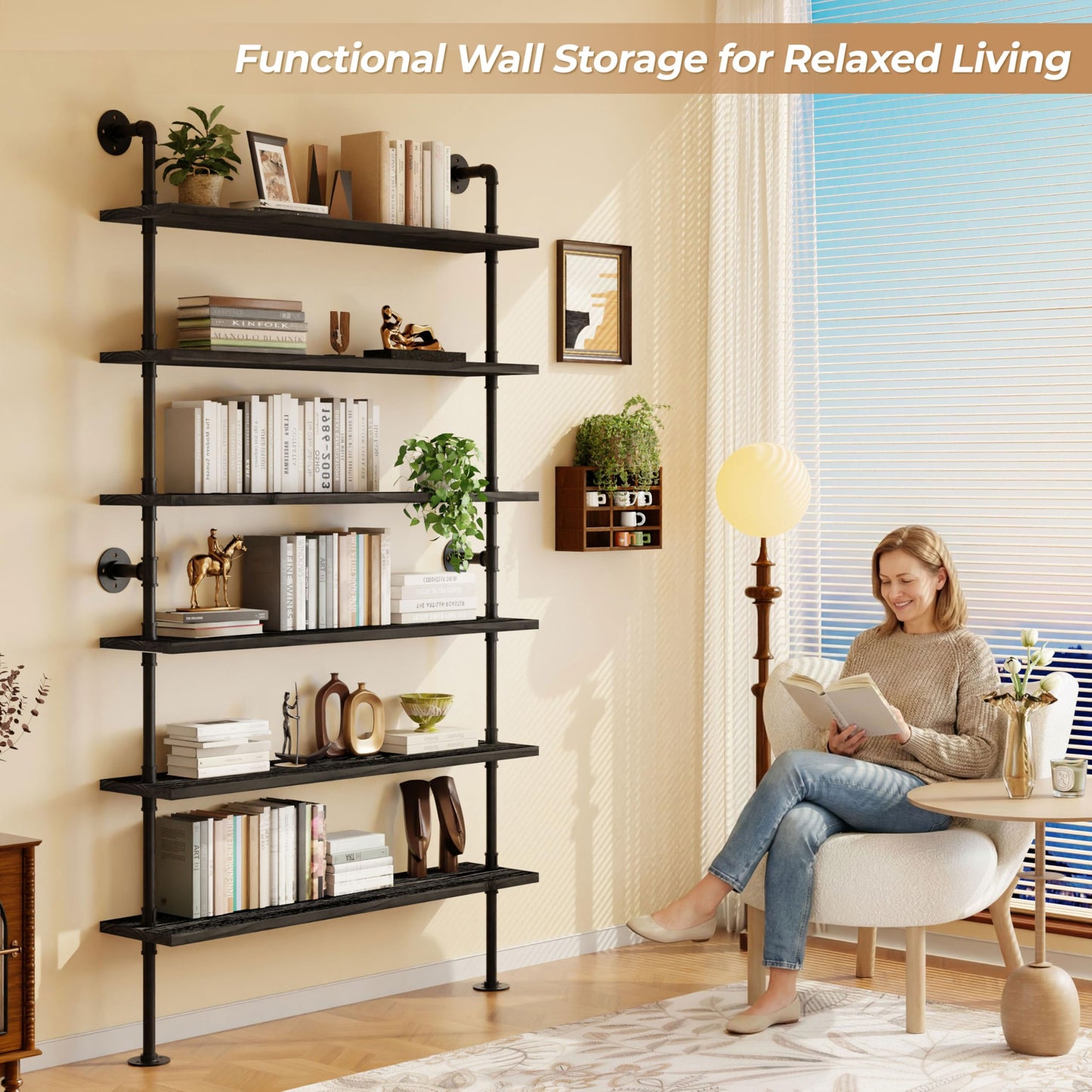 Anynice 6 Tier Industrial Ladder Shelf Bookcase, Wall Mounted Rustic Bookshelf for Living Room Decor and Storage (Black, 6 Tier - 10" D x 48" W x 82.5" H)