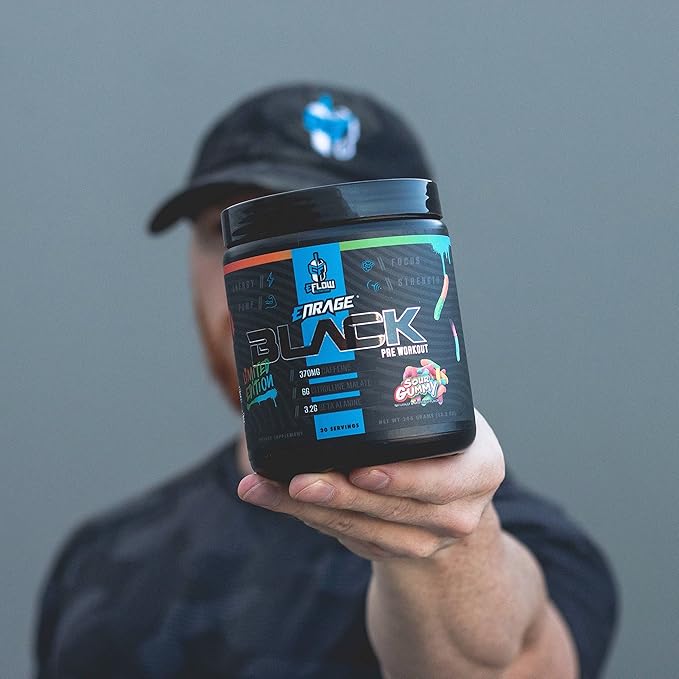 eFlow Nutrition Enrage Black High Stimulant Pre Workout Supplement - Preworkout Powder to Boost Energy, Pumps and Strength - 4 Flavors (30 Servings) (Sour Gummy)