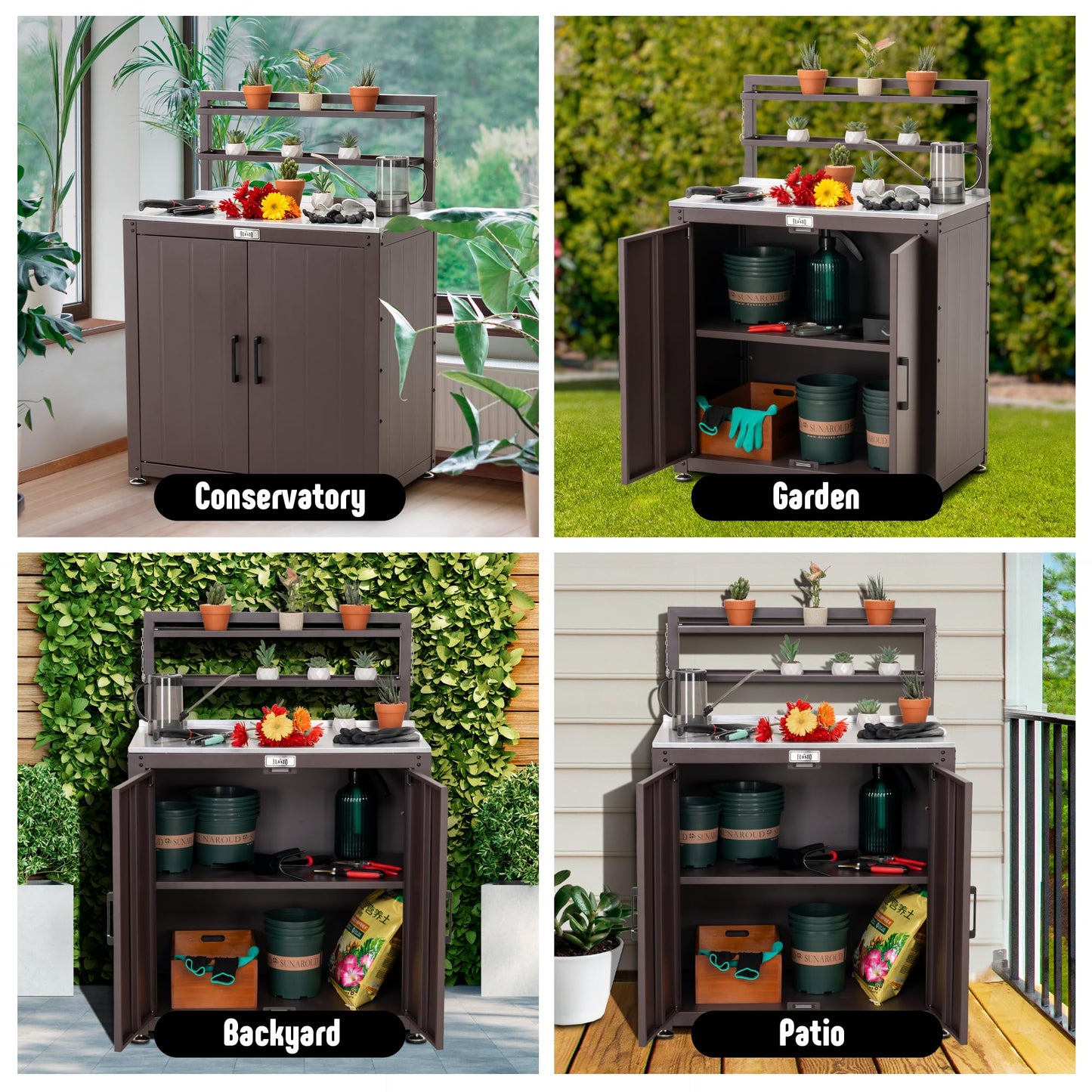 Feasto Outdoor Potting Bench Table with Storage Cabinet, Stainless Steel Garden Workstation, Raised-Edge Top, Adjustable Shelf & Removable Hutch for Patio, Balcony & Outdoor Workspace, Brown