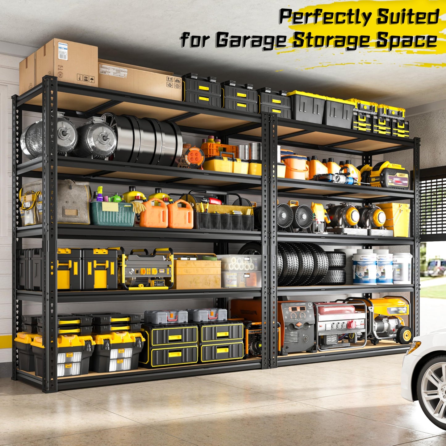 48" W Garage Shelving Heavy Duty 2800LBS Garage Storage Shelves, 5 Tier Adjustable Metal Shelving Unit Utility Rack Shelf for Warehouse, Pantry, Closet, Kitchen Industrial72" H x 48" W x 18" D, Black