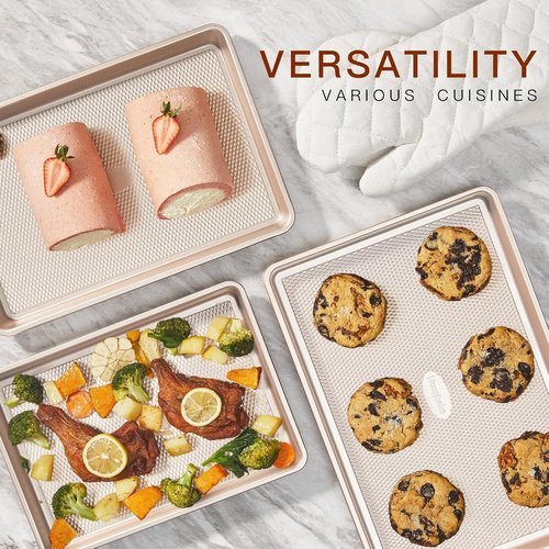 HONGBAKE Nonstick Baking Sheet Pan Set - 3 Pack with Heat Resistant Oven Mitts | Heavy Duty 0.8mm Thick