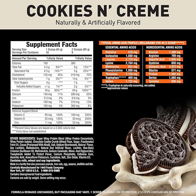 Body Fortress Super Advanced Whey Protein Powder, Cookies N??Creme, 60g Protein & 12g BCAAs Per 2 Scoops, Muscle Gain & Recovery, Immune Support with Vitamins C & D, 1.78lbs (Packaging May Vary)