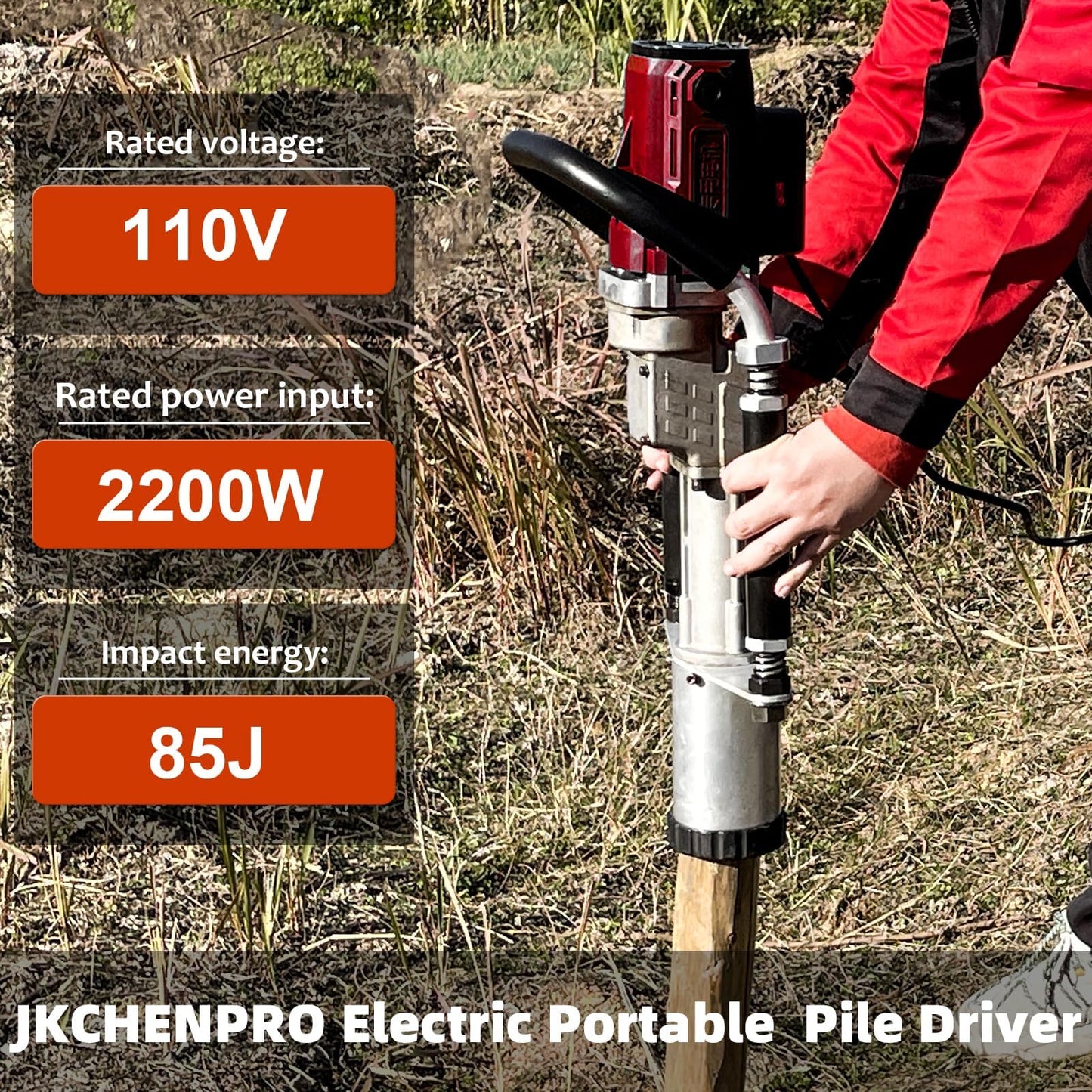 JKCHENPRO 1250W Electric Pile Driver Hammer, 110V Handheld Pile Driver, 1700 BPM Sufficient Power Electric T Post Driver with 45mm, 55mm,88mm pile sleeve