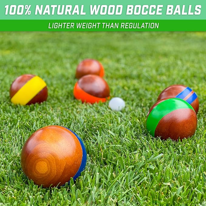 GoSports 100 mm Hardwood Bocce Set with 8 Premium 12 oz Wood Balls, Pallino, Case and Measuring Rope