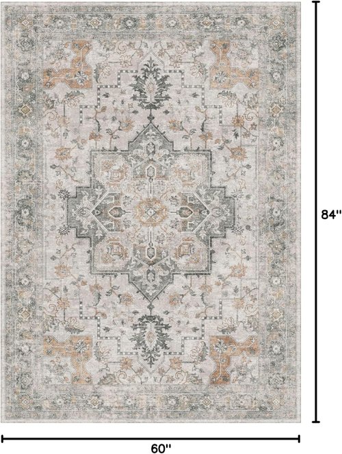GENIMO 5X7 Area Rug - Machine Washable, Non-Slip Vintage Chenille Print for Living Room & Bedroom - Light Taupe Brown