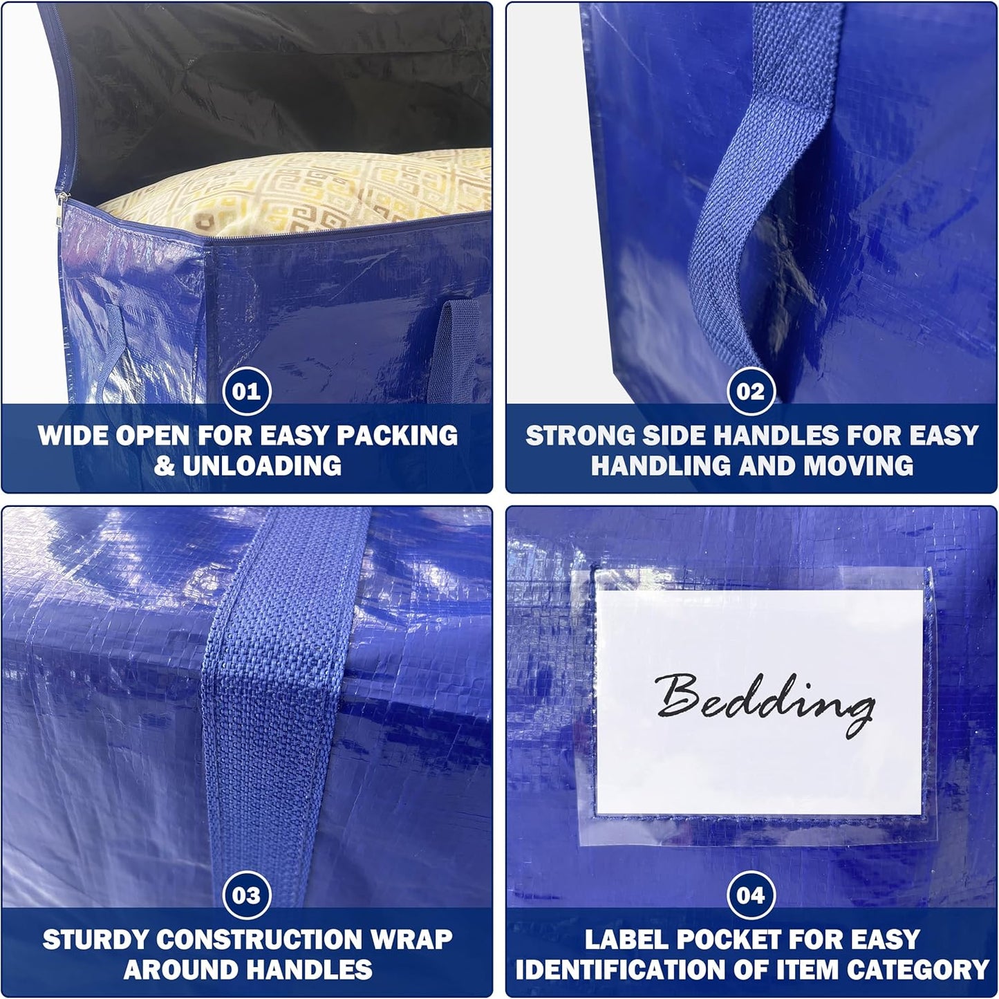 Skiennix Extra Heavy Duty Moving Bags - 8 Pack Large Storage Totes with Strong Zipper & Handles | Dark Blue - 24 Gal