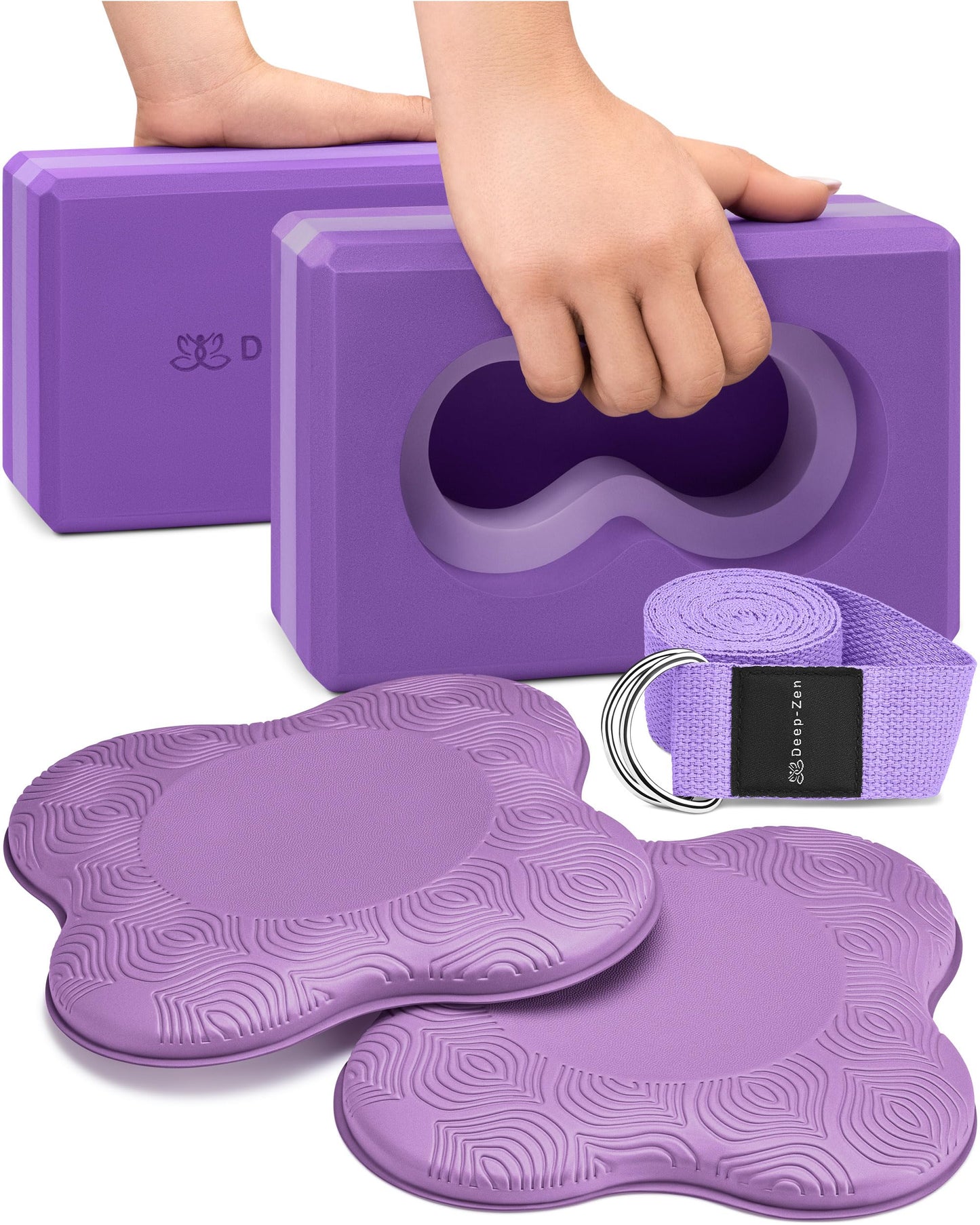 Deep-Zen® Yoga Blocks Wrist Support; Yoga Blocks 2 Pack with Knee Pads and Strap to Put Less Weight on Wrists; Durable, Versatile Yoga Brick Exercise Block Set, Blocks Yoga (Purple)