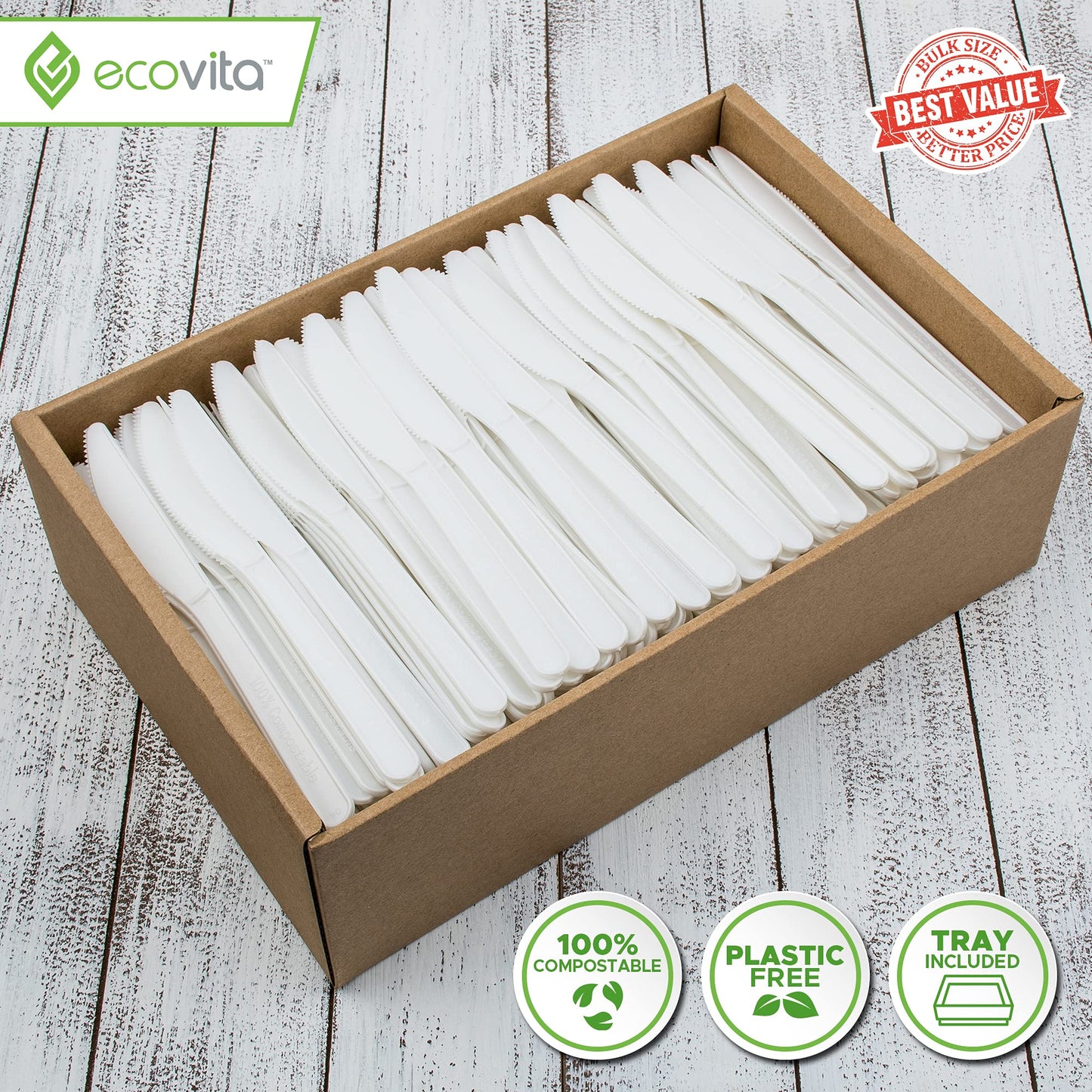Ecovita 100% Compostable Knives - 500 Large Disposable Utensils (7 in.) Bulk Size Eco Friendly Durable and Heat Resistant Alternative to Plastic Knives with Convenient Tray