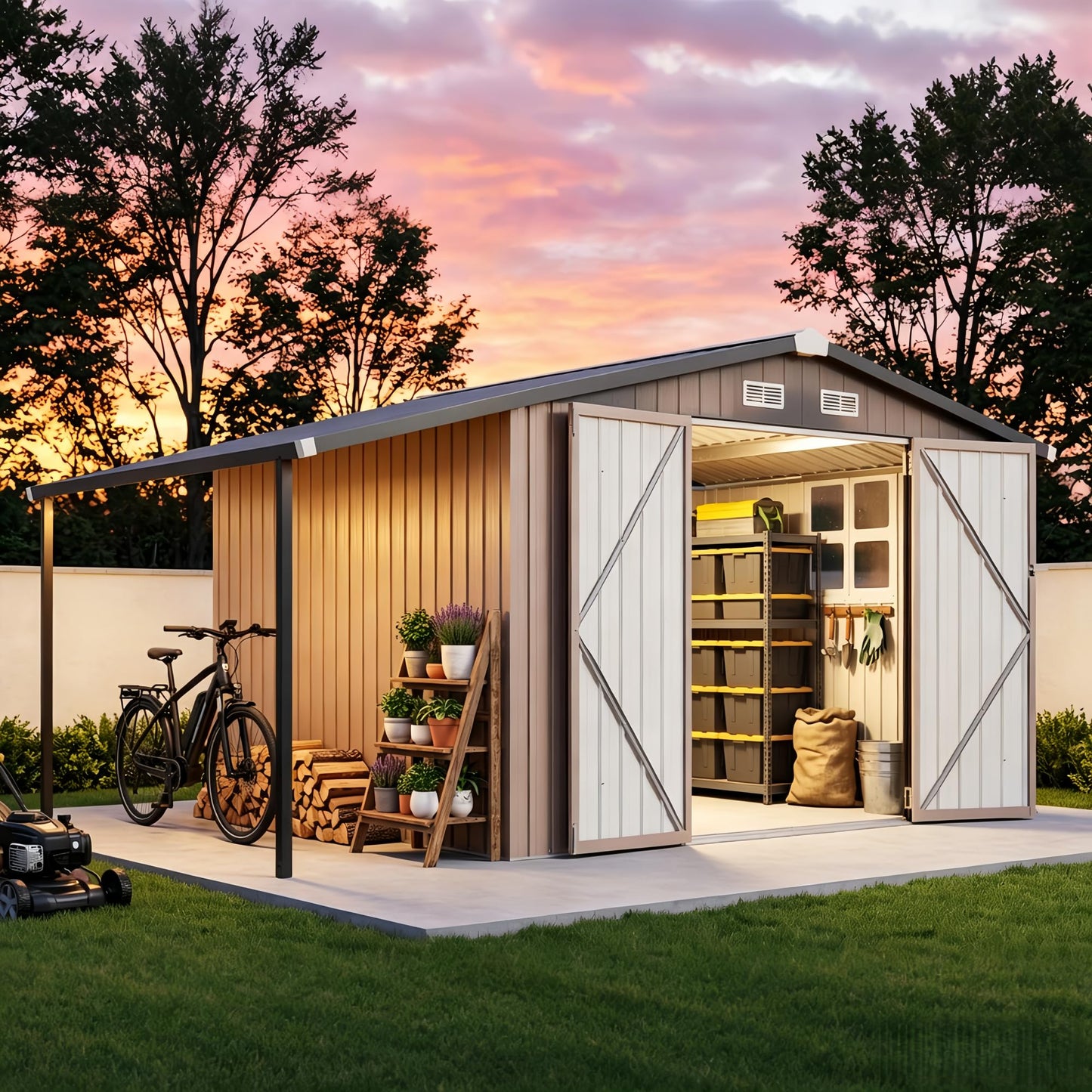 Aoxun 8x12 FT Outdoor Storage Shed Metal Sheds with Open Firewood Storage,Galvanized Steel Garden Shed with Lockable Doors,Sloped Roof,Windows, 2 in 1 Large Tool Shed for Patio, Backyard, Lawn (Brown)