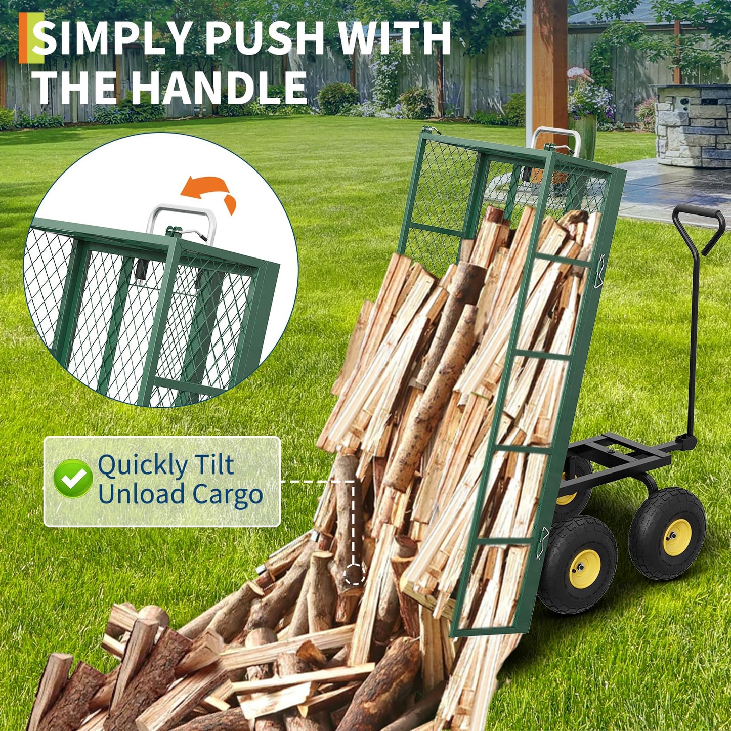 900 lbs Steel Garden Dump Cart with 10" Pneumatic Tires, Heavy Duty Yard Cart with 180°Rotating Handle & Removable Mesh Sides, Utility Dump Wagon for Lawn Farm Backyard, Green Black & Yellow