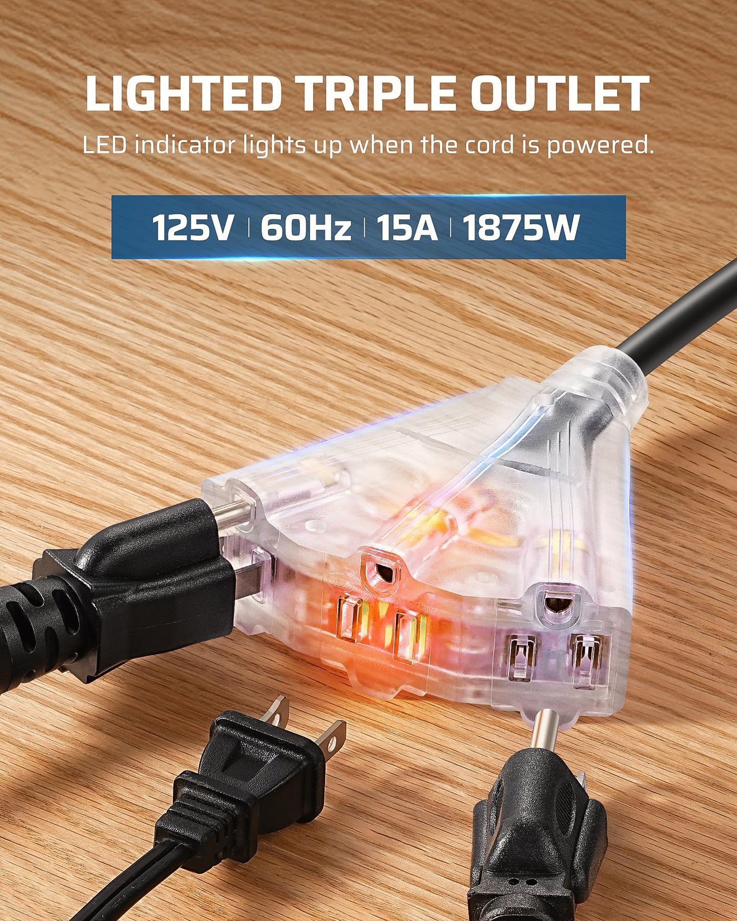 DEWENWILS Retractable Extension Cord Reel, 60FT Retractable Cord Reel, 12AWG/3C SJTOW, Lighted Triple Tap Outlets, 15A Circuit Breaker, Wall/Ceiling Mounted Heavy Duty Power Cord