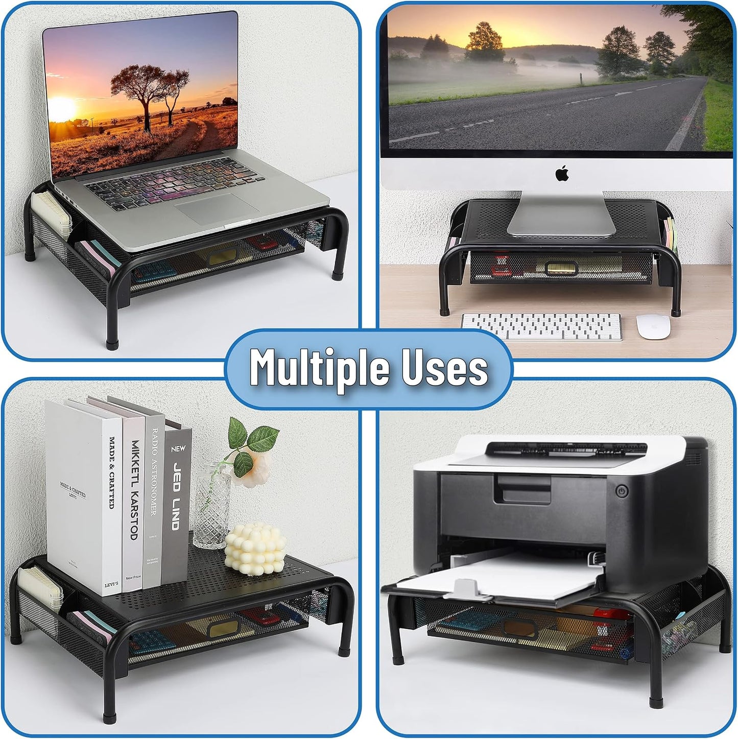 Metal Mesh Monitor Riser with Drawer - Desk Organizer for Optimal Viewing