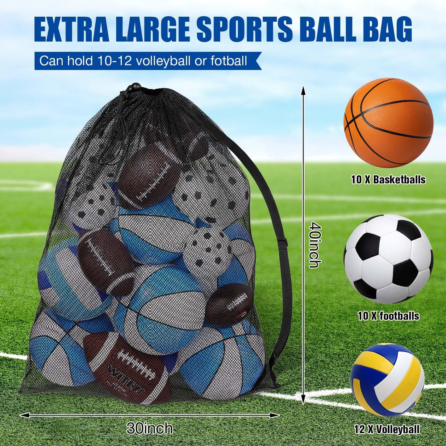 Shappy 4 Pack Extra Large Sports Ball Bag 30 x 40 Inches Mesh Soccer Basketball Bags Large Mesh Pouch with Adjustable Shoulder Strap for Football Volleyball Gym Sports Equipment