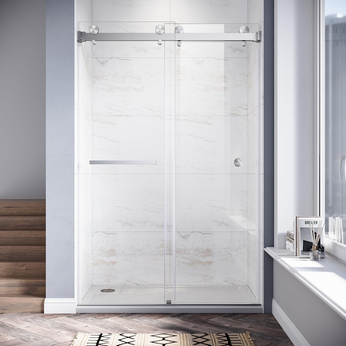 UKD01 46 to 49 in. W x 80 in. H Double Sliding Frameless Shower Doors - Stainless Steel 3/8" (10mm) Certified Tempered Glass 49x80-BN