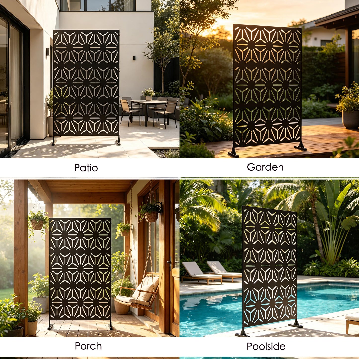 Kozyard Metal Privacy Screen 74" H x 47.2" W Decorative Outdoor Divider with Stand Panels Freestanding Screen Set for Deck Patio Balcony Garden Outdoor&Indoor(Black/Hexagonal Star)