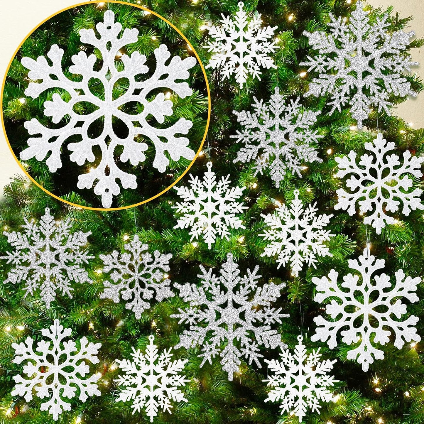 Skiennix Christmas Snowflake Ornaments - 36Pcs Glittering Plastic Hanging Decor for Winter Wonderland
