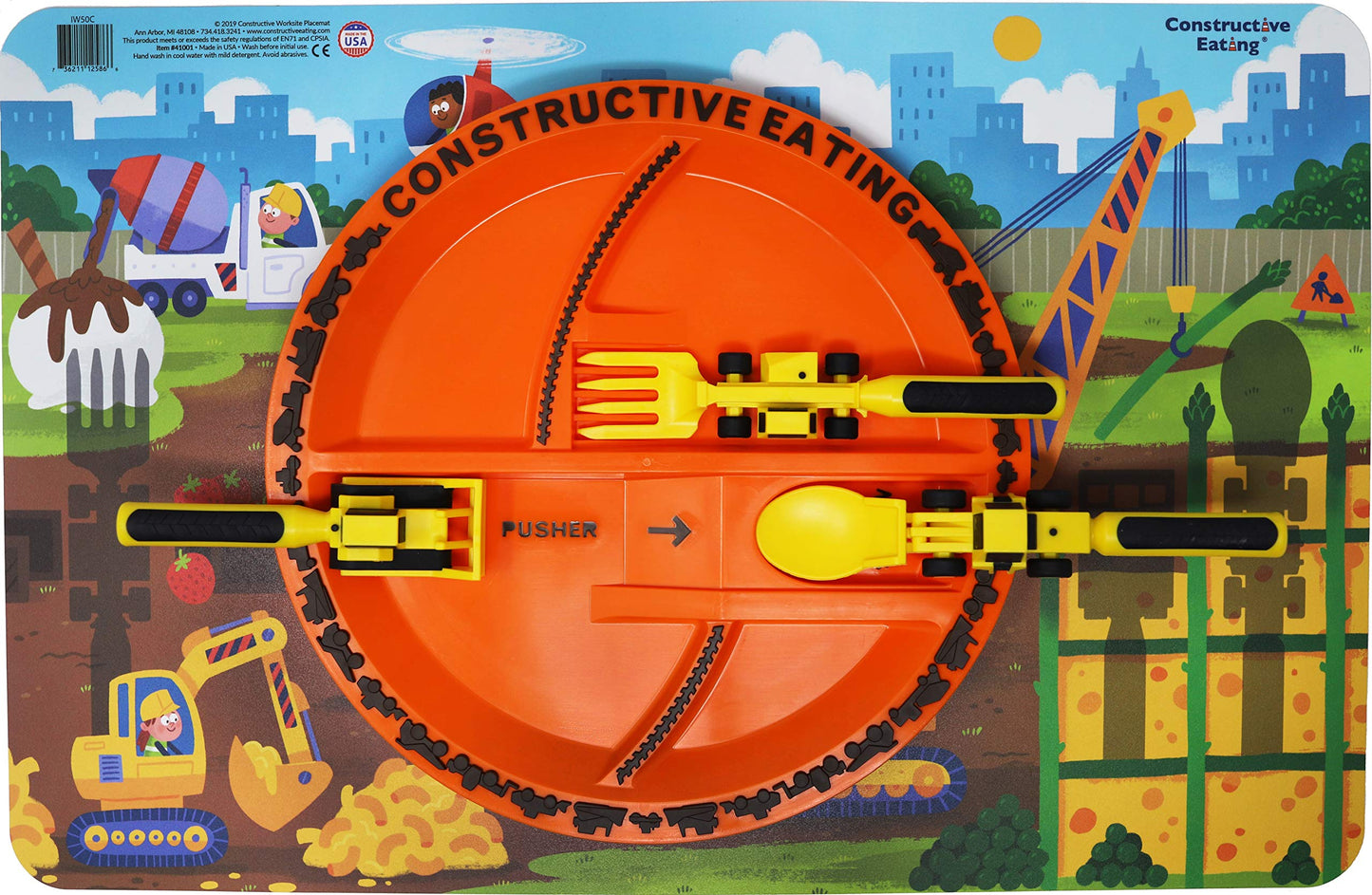 Constructive Eating Made in USA Toddler Eating Set: Kids Placemats for Dining Table with Plate & Utensils, Gifts for 2 Year Old, Toddler Forks and Spoons for Picky Eater (Construction)