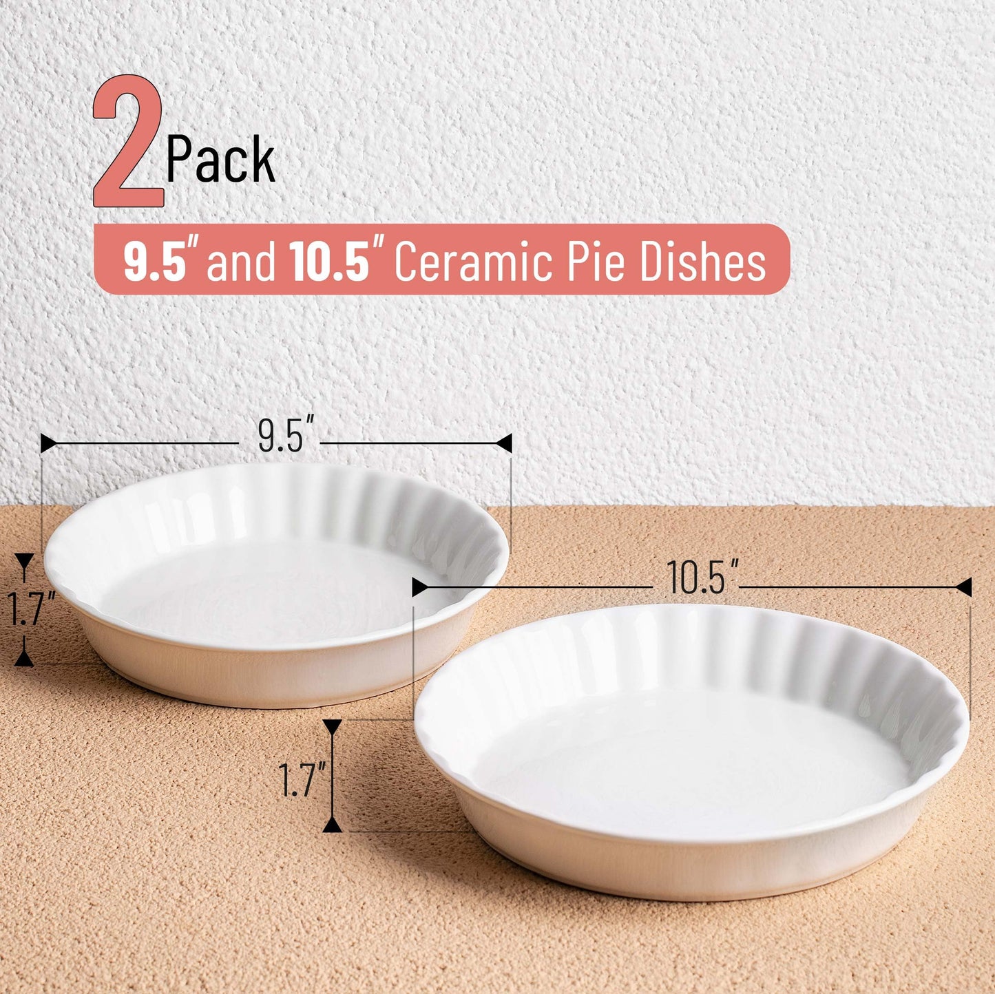 Brew To A Tea BTaT- Ceramic Pie Pan for Baking, 2 Pack, 10.5" & 9.5", Porcelain Ceramic Pie Plate for Salad, Pasta, Fruit and Tart, Freezer, Oven, Microwave and Dishwasher Safe
