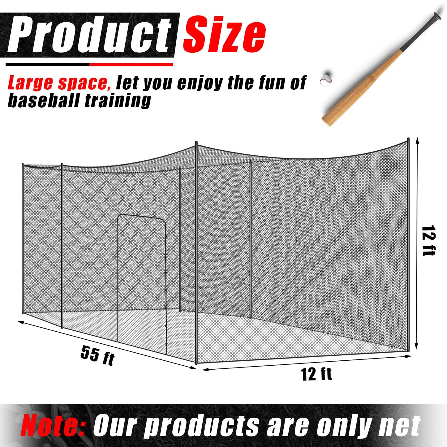 Syhood Baseball Batting Cage Net Heavy Duty Cricket Golf Softball Hitting Practice Net Portable Pitching Cage, Training Sports Barrier Screen for Backyard Outdoor(55 x 12 x 12 ft)