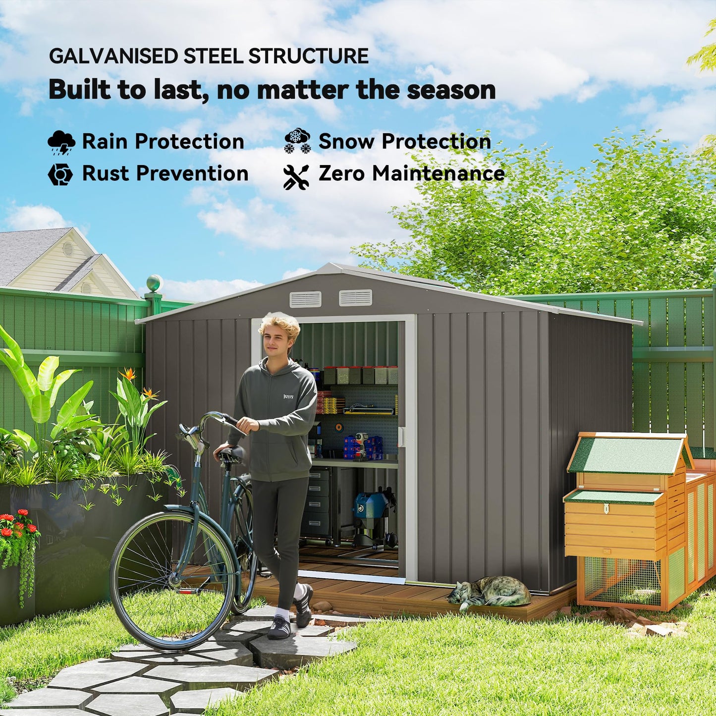 Outsunny 9' x 6' Outdoor Storage Shed, Garden Tool Metal Shed with Foundation Kit, Double Lockable Door, Air Vents and Sloping Roof, for Backyard, Patio, Lawn, Light Gray