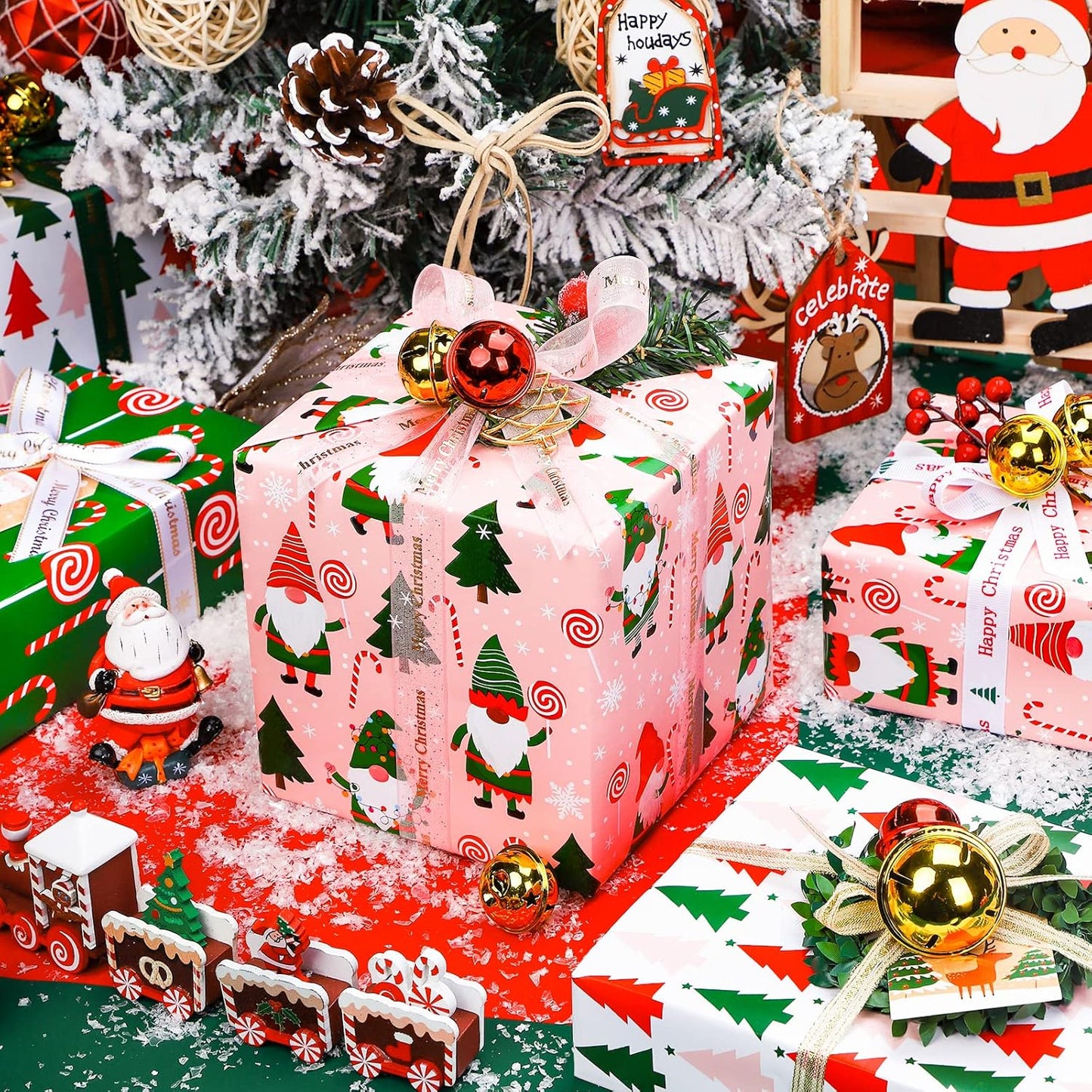 WRAPAHOLIC Christmas Wrapping Paper Roll - Jumbo 30 Inch Gnome Elf Holiday Collection | 4 Rolls, Red, Green, Pink