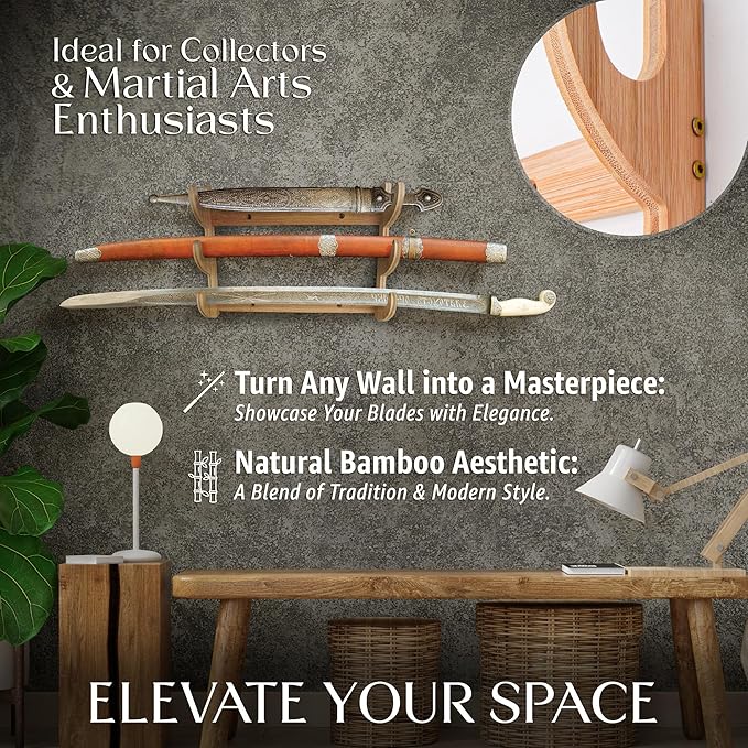 Wall Sword Holder 3 Tier - Bamboo Katana Wall Mount - Sword Mount for Secure Blade Display - Protects Swords, Easy Installation, Space-Saving Design for Home Decor