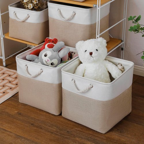 MidmmVick Extra Large 13"x13" Cube Storage Bins - 6 Pack Collapsible Fabric Bins in White & Beige