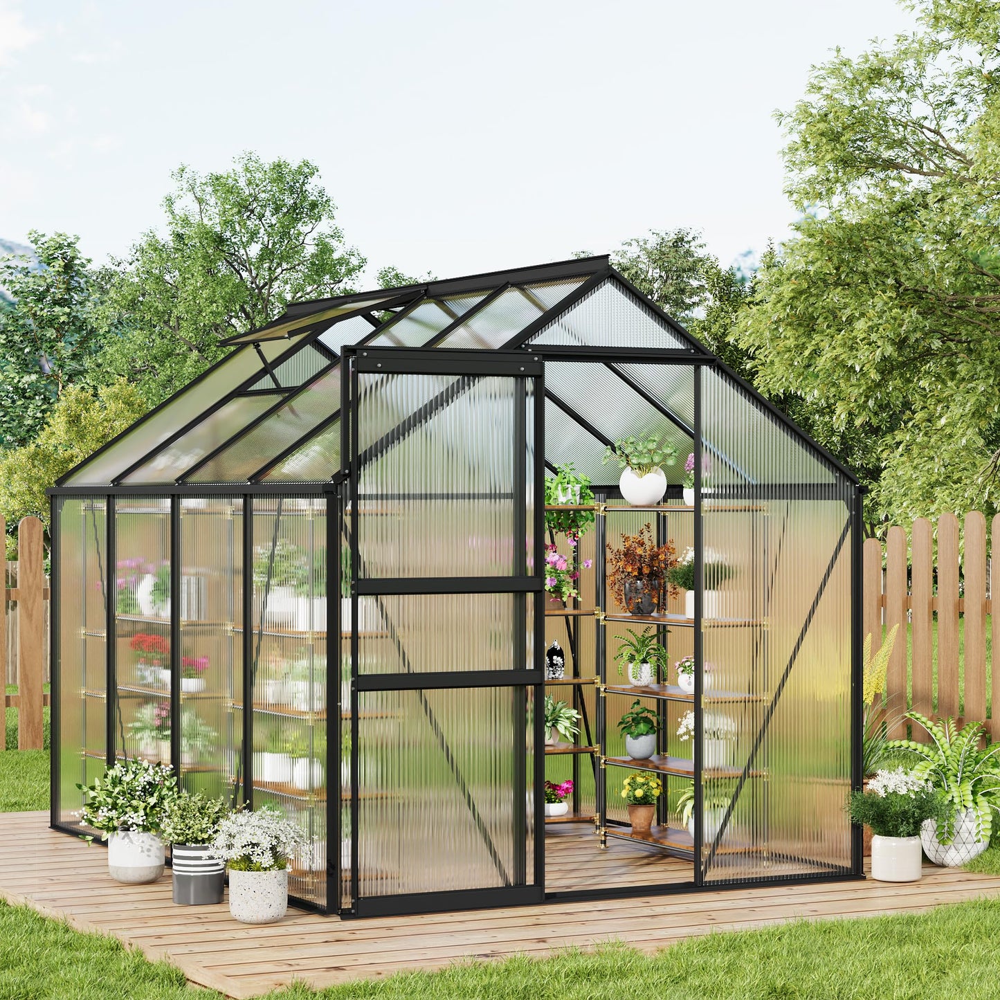 6x8FT Greenhouse for Outdoors, Walk-in Polycarbonate Greenhouse with Sliding Door, Adjustable Roof Vent & Gutter System, Portable Outdoor Green House Kit for Winter Gardening