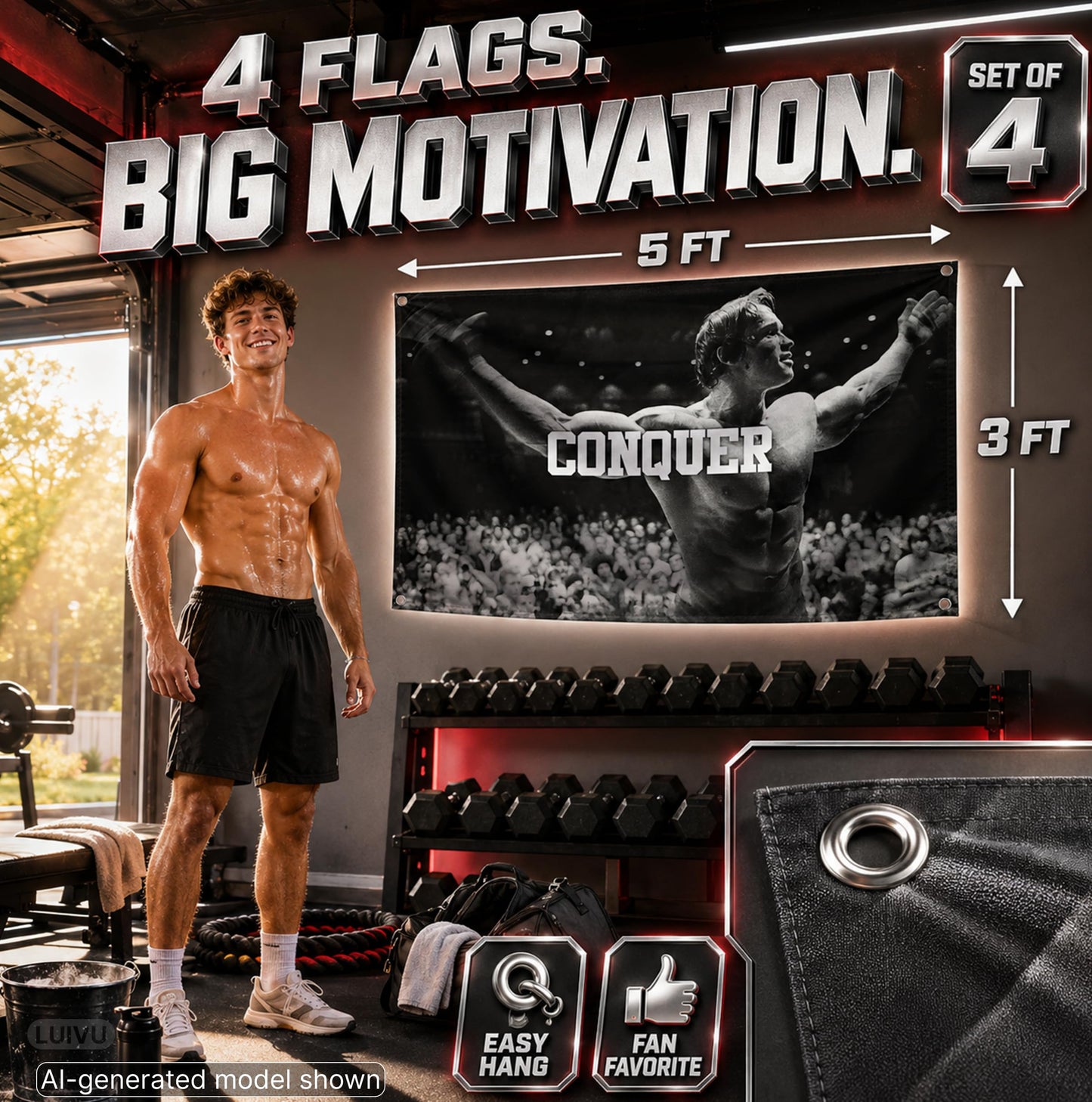 Set 4X Motiv Sports and Quote Polyester Flags 3x5 Ft with 4 and 2 Grommets - Muhammad Motivational Workout Single Sided Banner - Inspire Your Workout with this Banner - Boxing Inspirational Gym Flags