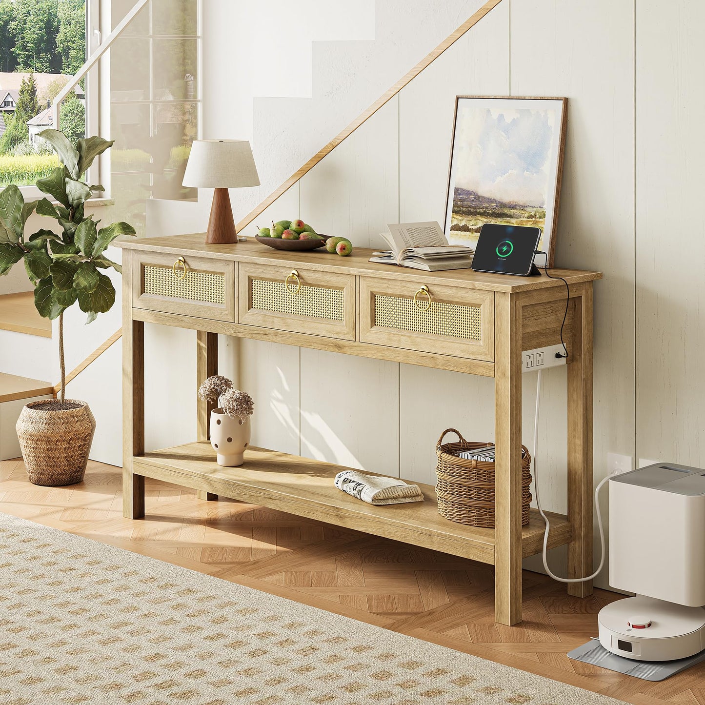 SUPERJARE Rattan Console Sofa Table with Outlets and USB-C Port, 3 Drawer Entryway Table with Synthetic Rattan Surface, Open Shelf, Behind Couch Entry Foyer Hallway Storage, Natural