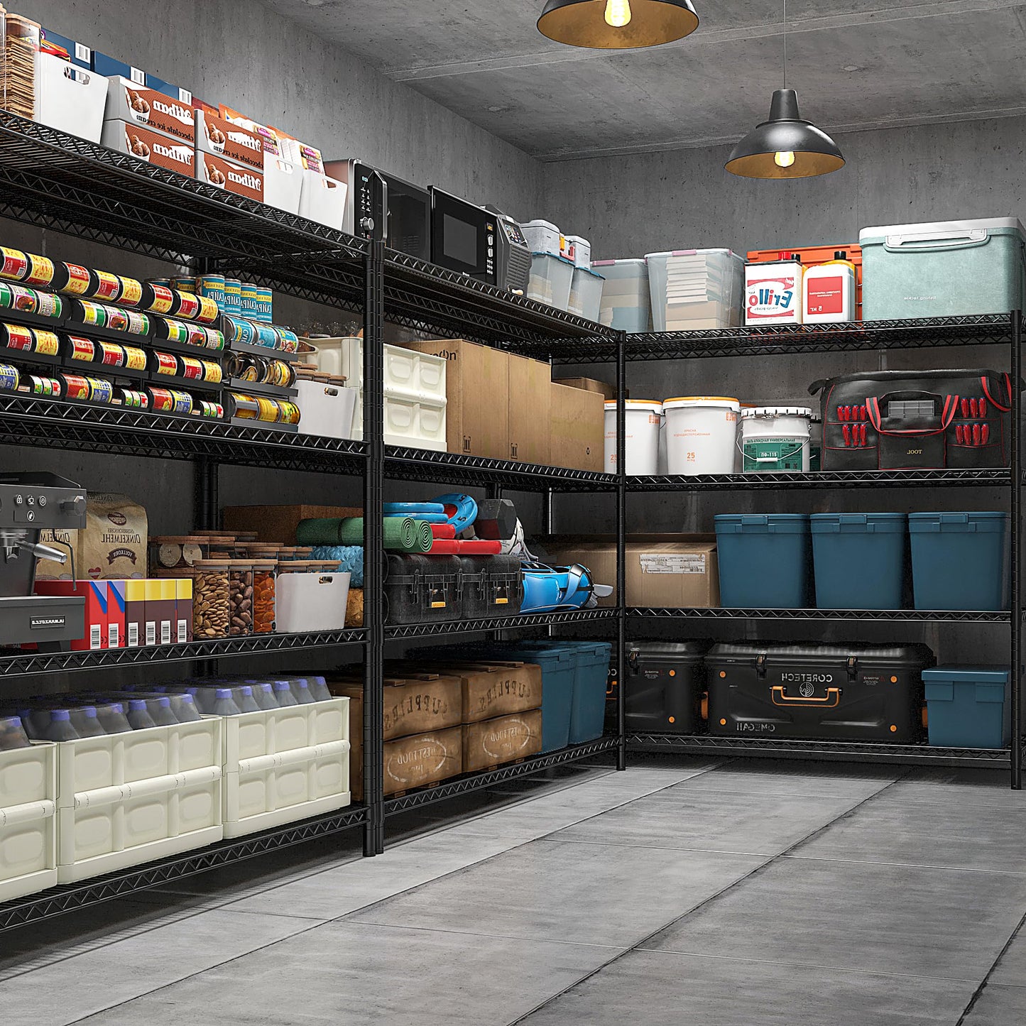 REIBII 2480LBS Capacity Heavy Duty Storage Shelves with Wheels, 1-Inch (25.4mm) Steel Tube, Adjustable Wire Shelving for Garage, Warehouse, Pantry & Commercial Use, 75.6" H x 55.5" W x 24" D