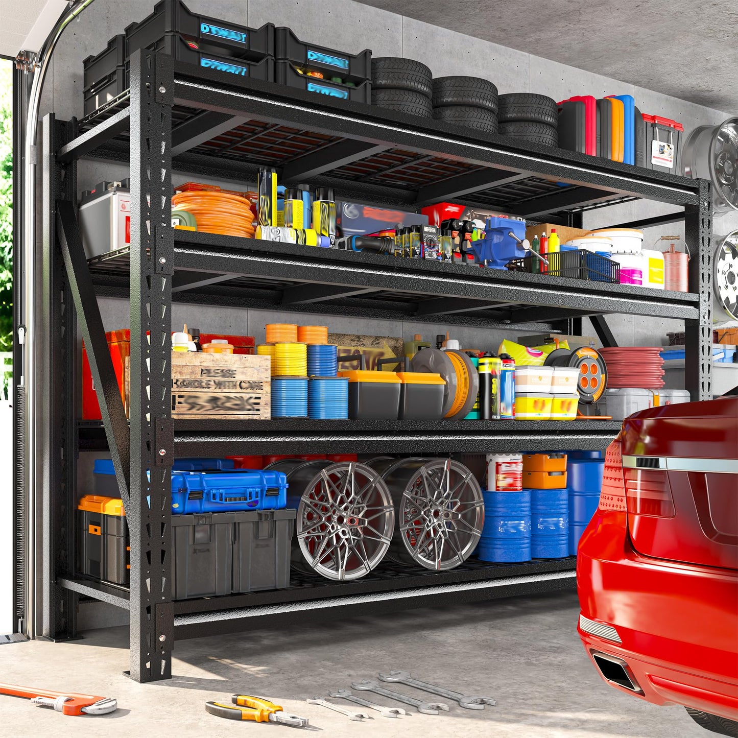 Romorgniz 5020LBS Heavy Duty Garage Shelving, 68.2" W Storage Shelves with Wire Deck, Rust/Water Resistant, 4 Tier Adjustable Industrial Shelving for Warehouse Basement, 23.5" D Deep x 72" H, Black