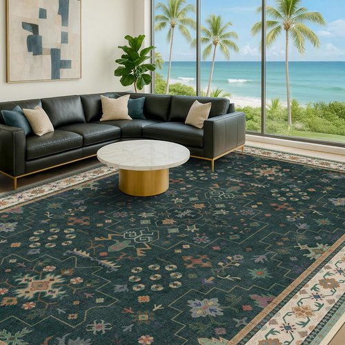 Hazo Haus Dark Green Oushak Area Rug - Modern Vintage Boho Floral Design, 10x14 Washable Non-Slip Extra Large Rug