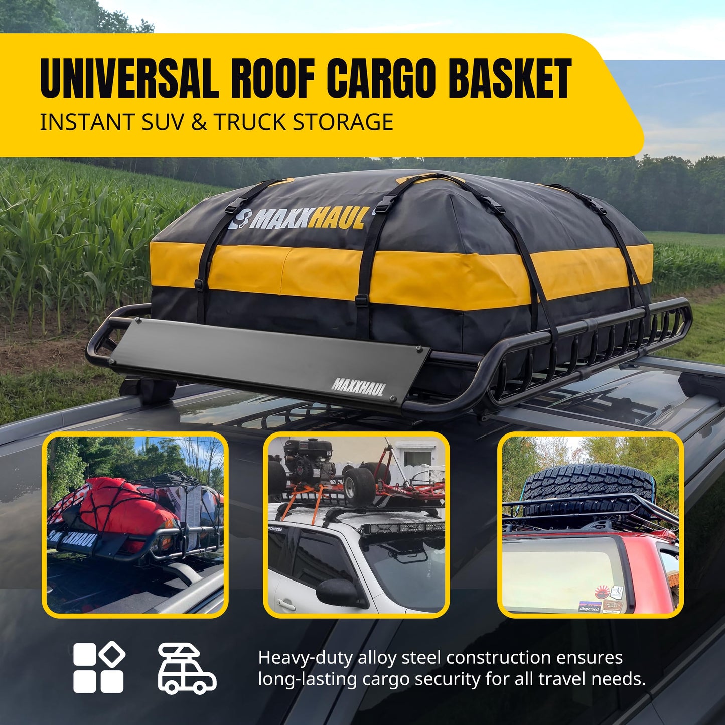 MaxxHaul Steel Roof Rack Cargo Basket, 46" x 36" x 4.5" Roof Top Carrier, Universal Fit for Cars, SUVs, Vans, and RVs, 150 lb Capacity, Weather-Resistant Easy-Install Cargo Storage (70115)