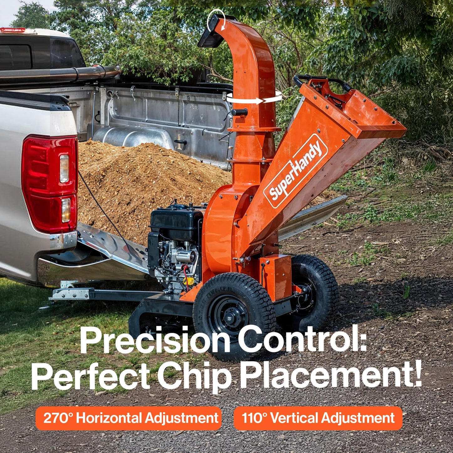 SuperHandy Towable Wood Chipper – 4 in. Chipping Capacity, 15HP Gas Engine, 13 in. Wheels, Electric Start, Trailer-Ready with 2 in. Coupler