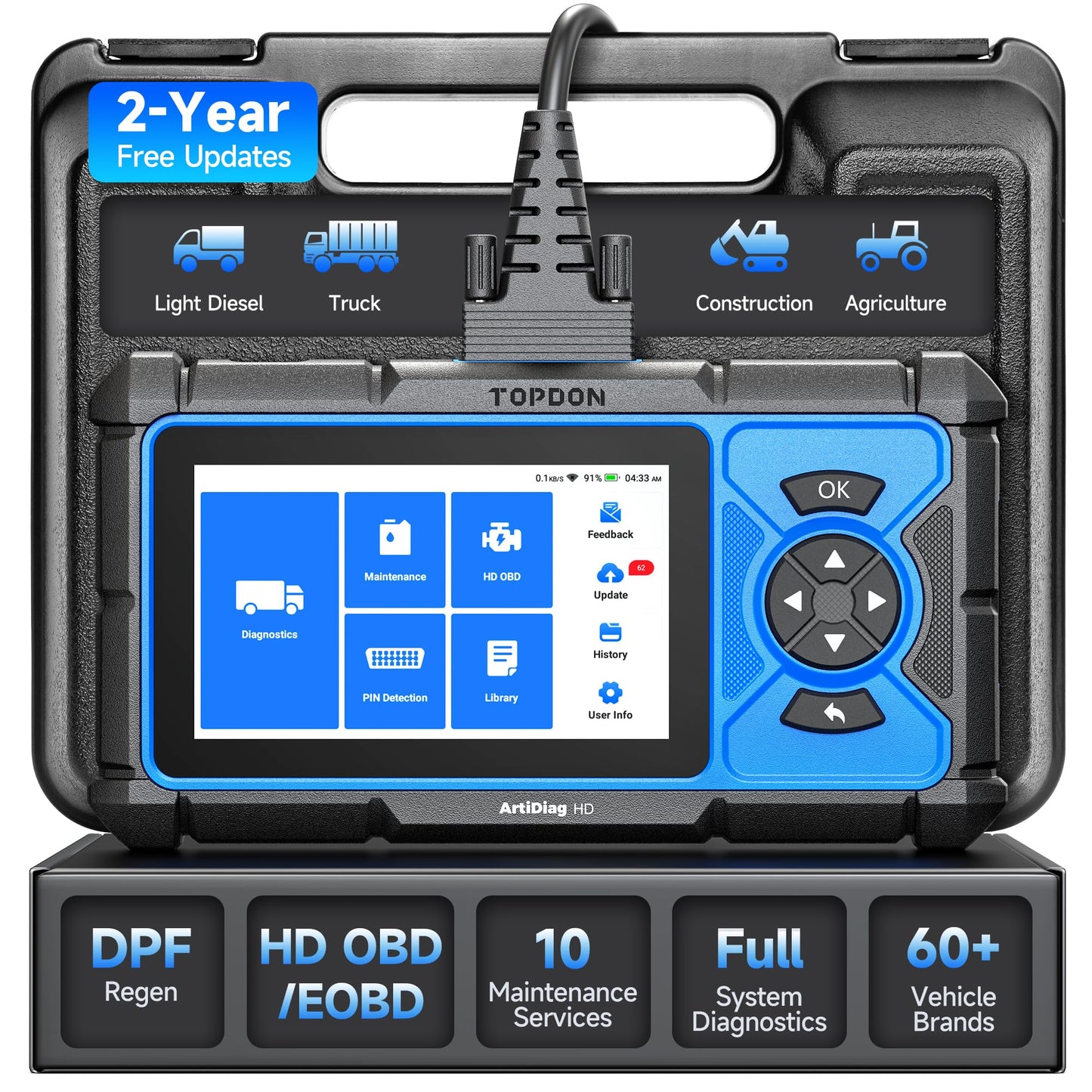 TOPDON ArtiDiag HD Heavy Duty Truck Scanner, Diesel Diagnostic Tool, Full System Truck Scanner for Cummins Detroit MaxxForce, 10 Reset Service, DPF Regen, Speed Limit Adjust Reset, 2 Years Free Update