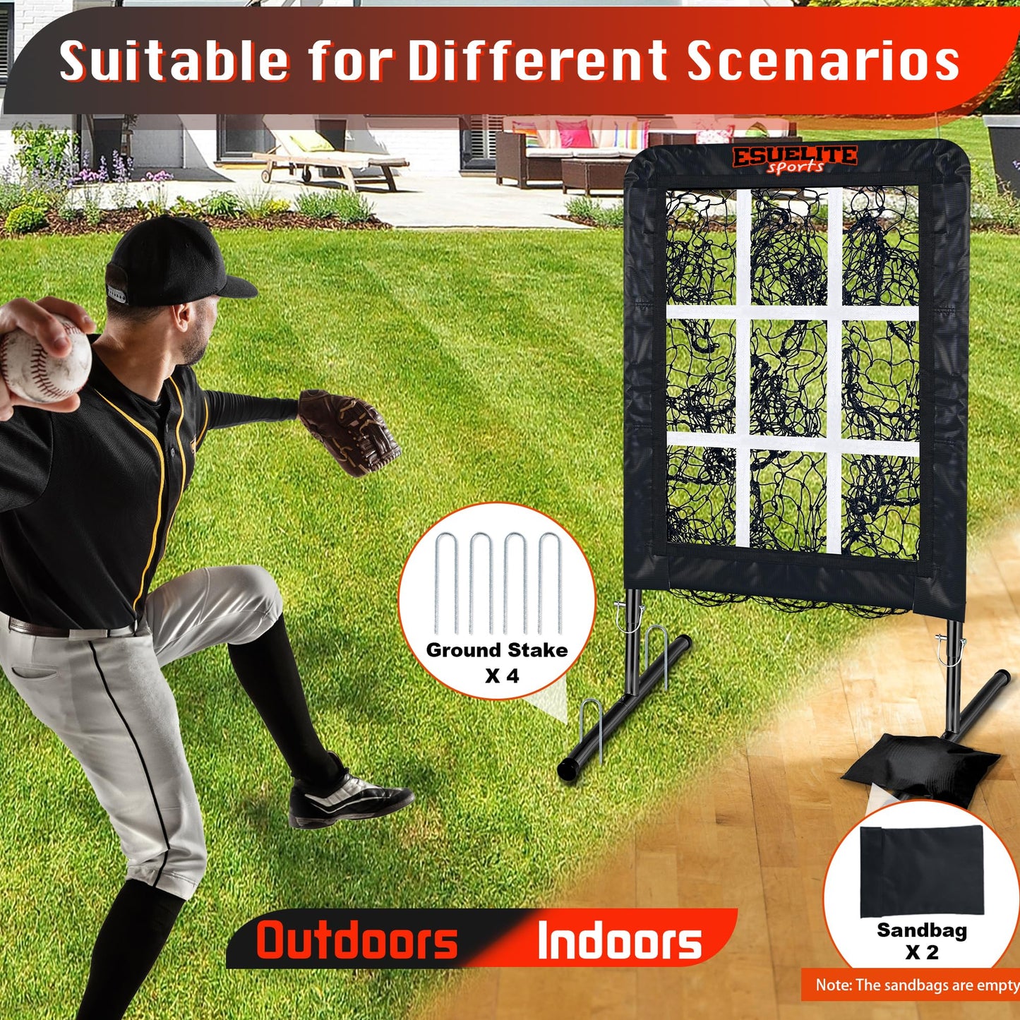 9 Hole Pitching Net with Strike Zone, Baseball Pitching Target, Softball Pitching Net, Portable Pitcher Training Equipment Height Adjustable（Black）