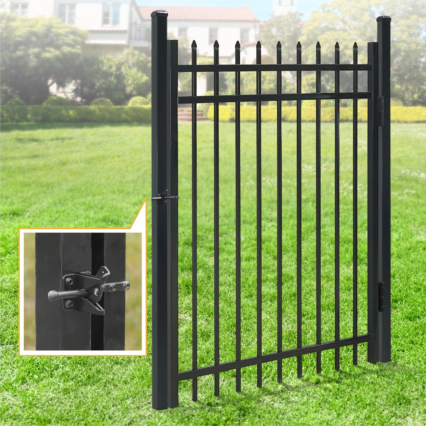 Fencer Wire 100FT Heavy Duty Flat Top Fence Barrier Kit, Anti-Rust Metal Steel Fence with 5FT Height X 8FT Width Panels, with Pinnacle Gate, Posts, Connectors, Outdoor Fencing for Yard