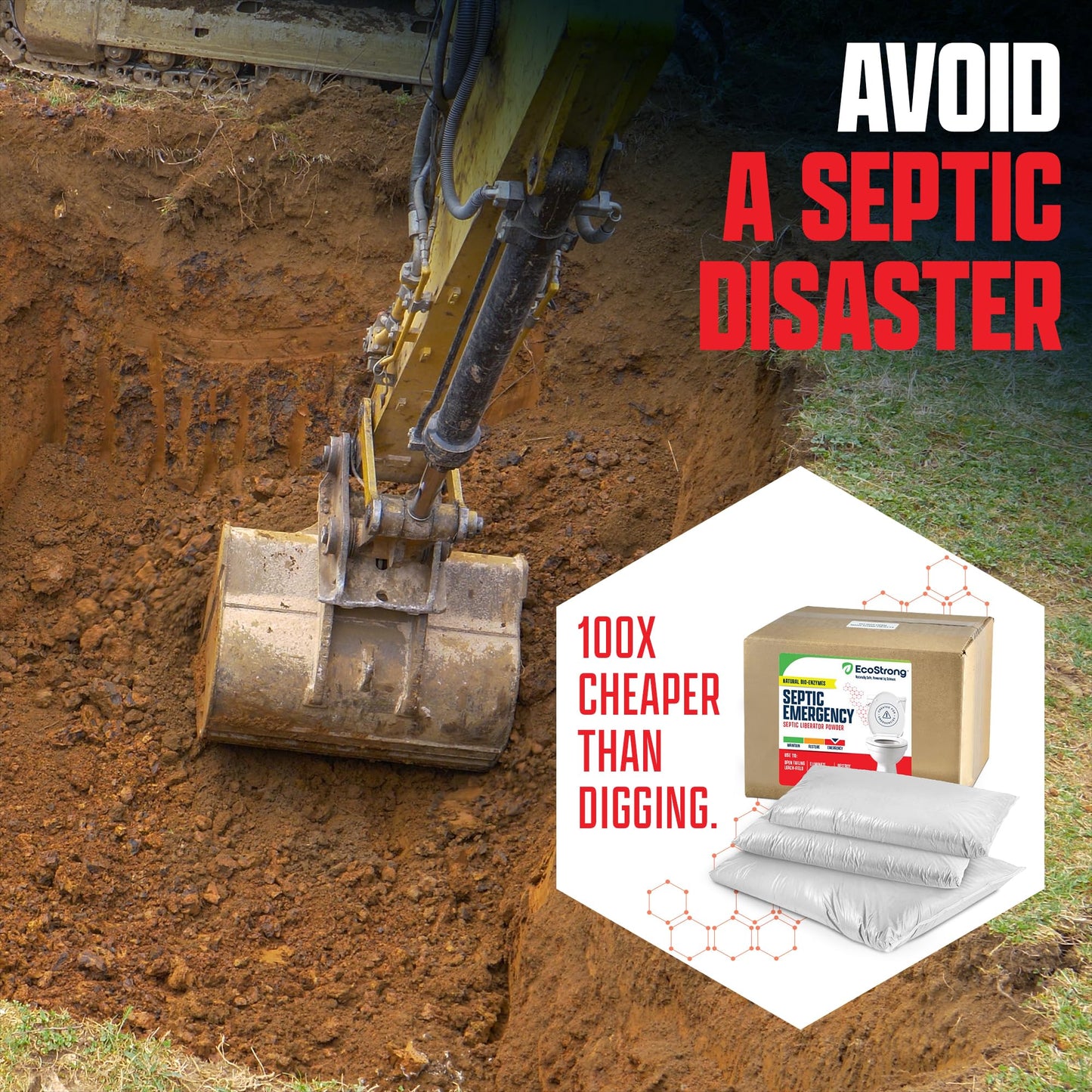 EcoStrong Septic Tank Shock Treatment | Bio Enzyme Septic Safe |Clears Leach & Drain Fields, Dissolves Organic Solids, Grease, Hair - Drain Deodorizer | Contains 3 Dissolvable Packs
