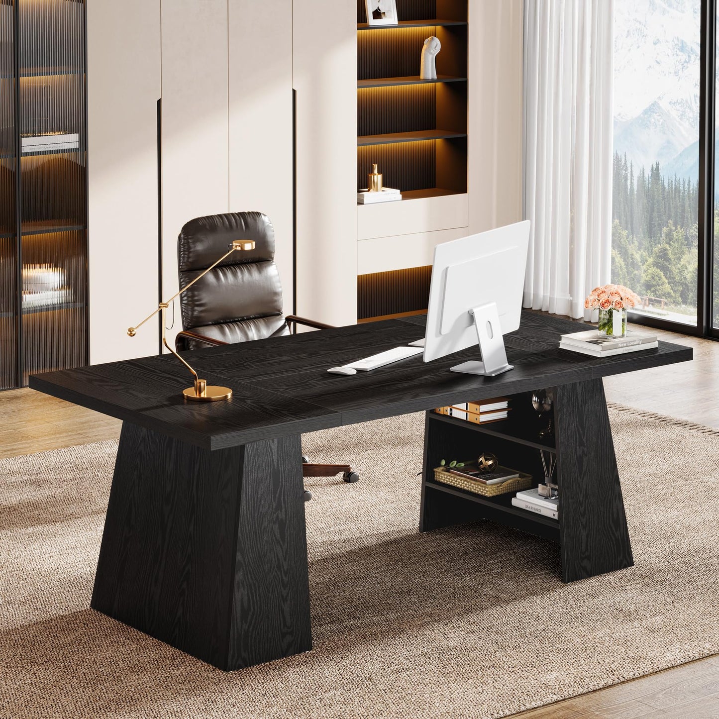 Tribesigns 63-Inch Executive Desk, Modern Black Office Desk with Double Pedestal and Storage Shelves, Simple Large Computer Writing Conference Table Workstations Business Furniture for Home Office