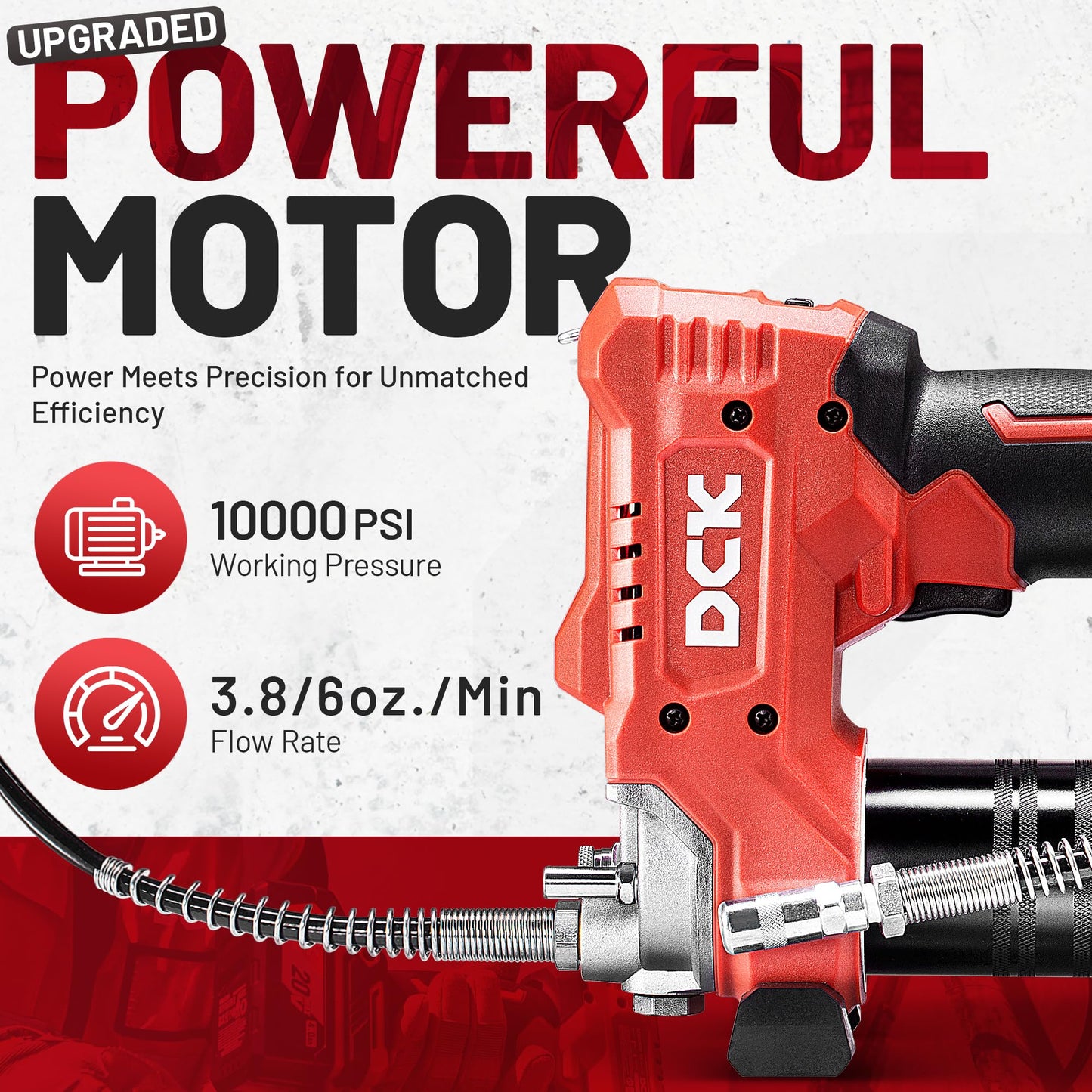 DCK 20V Electric Grease Gun Kit, 10000PSI Cordless Grease Gun with 2×4000mAh Battery and 2.0A Charger, 6oz/Min Max Variable Speed, 40" Long Hose, Lockable Grease Nozzle, LED Light for Farm, Truck