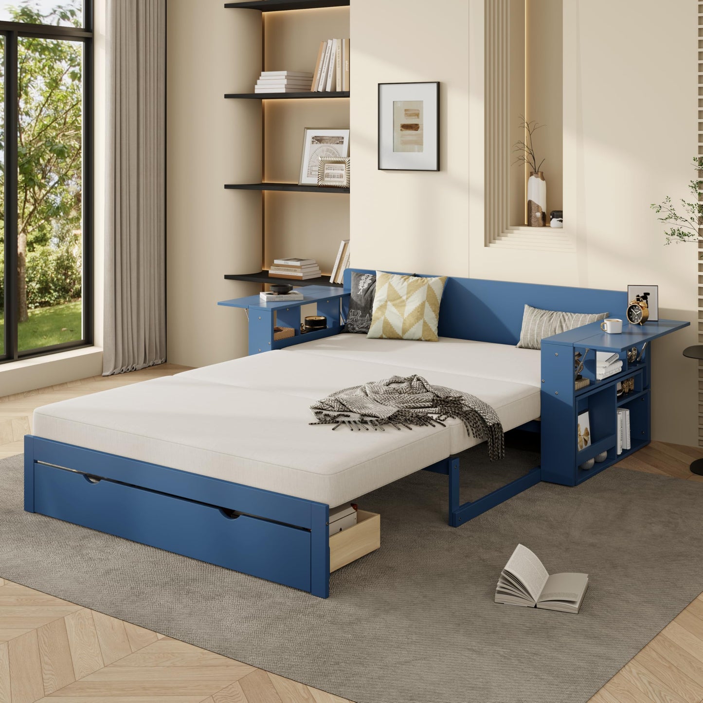 Merax Full Size Daybed with Removable Desk, Storage Drawers & Hydraulic Side Table, Blue