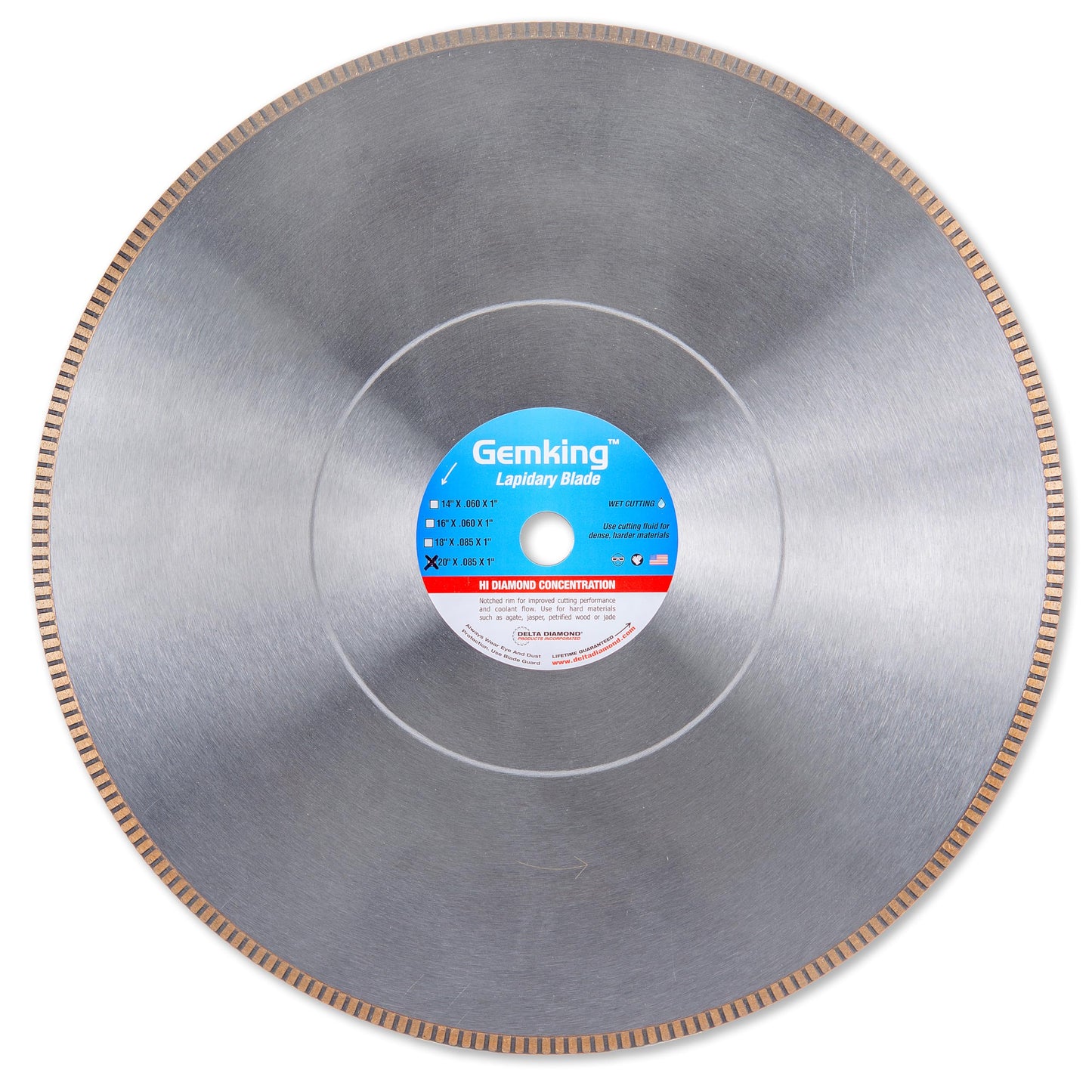 Gemking Lapidary Saw Diamond Blade, 20-inch, Ultra-Thin Notched Rim for Gemstones, Agate, Geodes (20" X .060 X 1 Arbor)