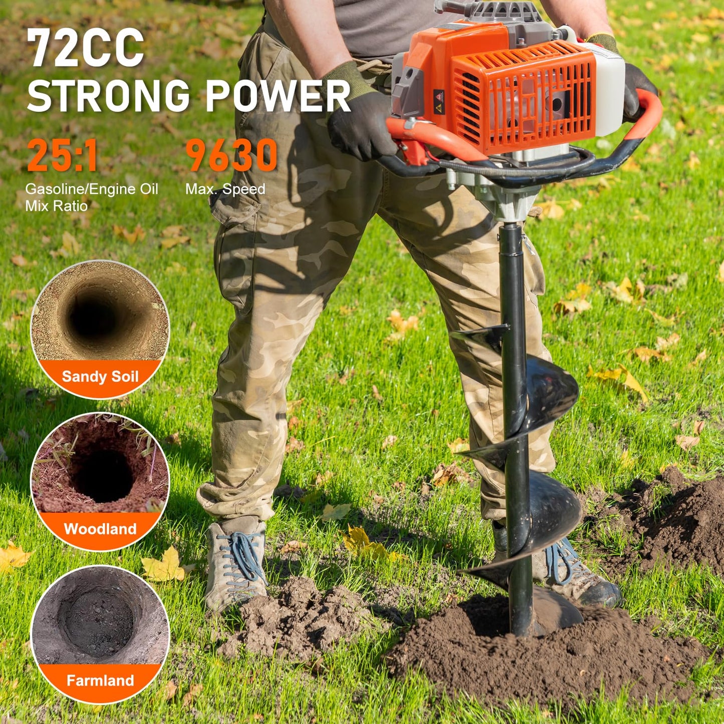 72CC Newly Upgraded Post Hole Digger Gas Powered, 2 Stroke Auger Post Hole Digger with 3 Drill Bits (4" &6" & 12") + 2 Extension Rod for Planting - Ideal for Farm & Garden