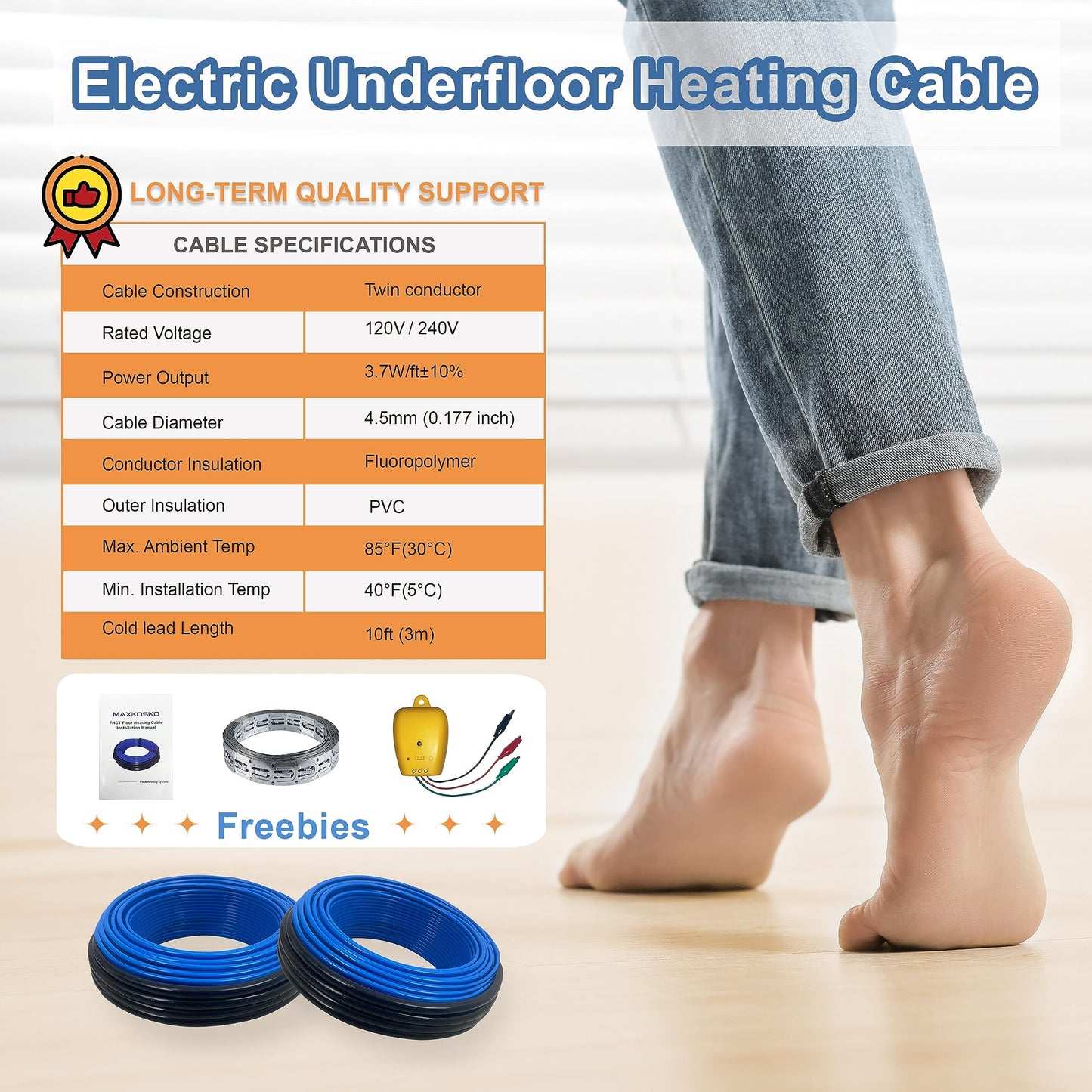 Electric Heated Floor Cable Underfloor Heating System Kit with Cable Guide, Alarm Monitor for Indoor Installation 120 V, 25 Sqft