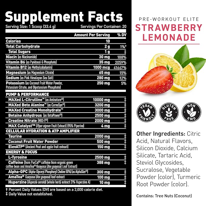 Kaged Pre Workout Elite Powder | Strawberry Lemonade | Pre-Workout with Creatine, Beta Alanine, L-Citrulline, BCAAs | 388 mg Organic Caffeine | Pre Supplements for Men & Women | 20 Servings