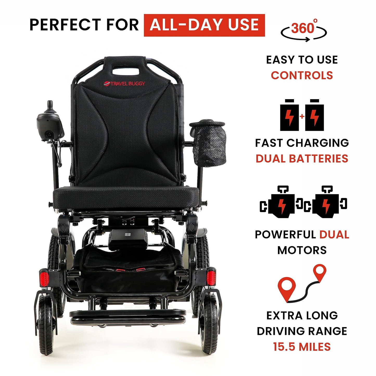 Travel Buggy Electric Wheelchair City 2 Plus, Lightweight, Foldable, Portable, Upgraded Joystick with LCD Screen, Air Travel Friendly - Ships from and Serviced in USA (Black)