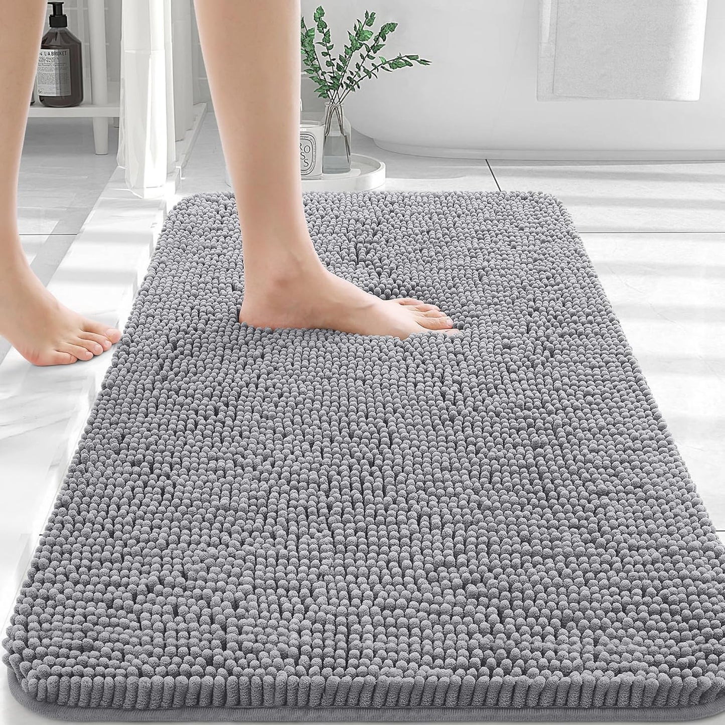 OLANLY Chenille Bath Rug Set - U-Shaped Toilet Rug & Bathroom Mats | Grey, 3-Piece Bundle (30x20, 24x20)